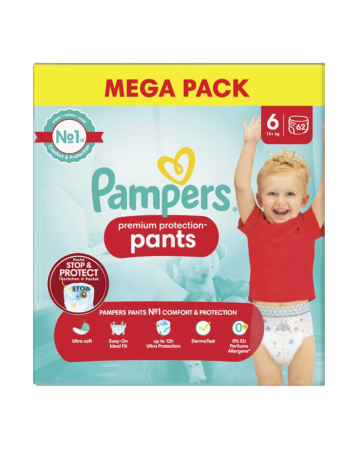 PAMPERS PREMIUM PROTECTION PANTS – TAILLE 6 (13+ KG) – 62 COUCHES