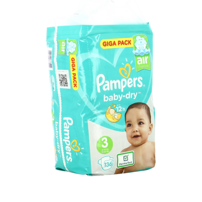 PAMPERS Baby-Dry – Taille 3 (6-10 kg) – Giga Pack de 136 Couches